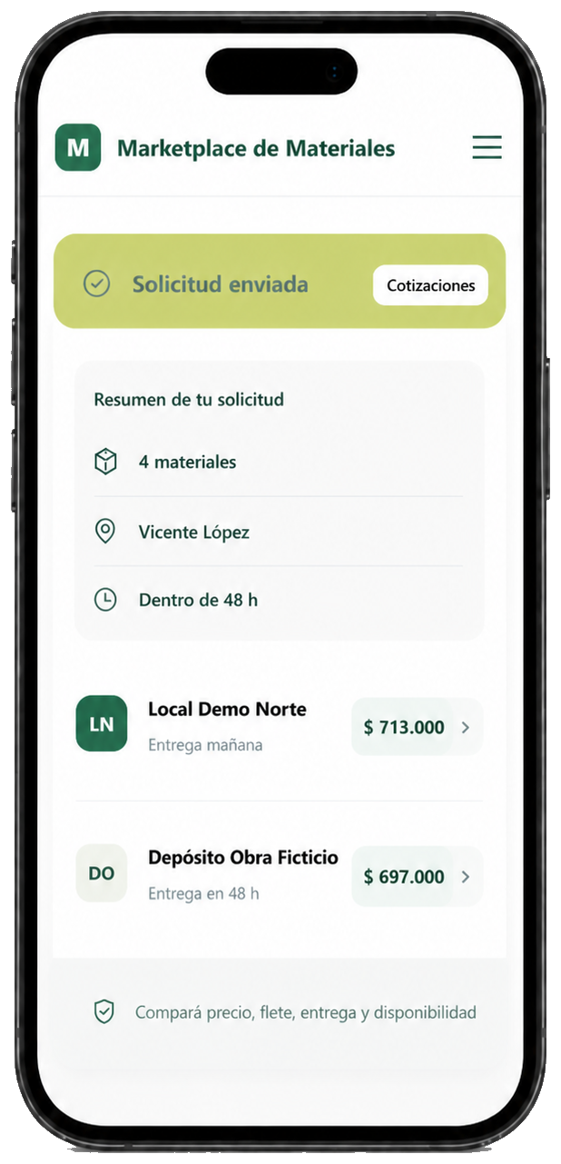 Vista móvil de Marketplace de Materiales con una solicitud enviada y cotizaciones de dos locales